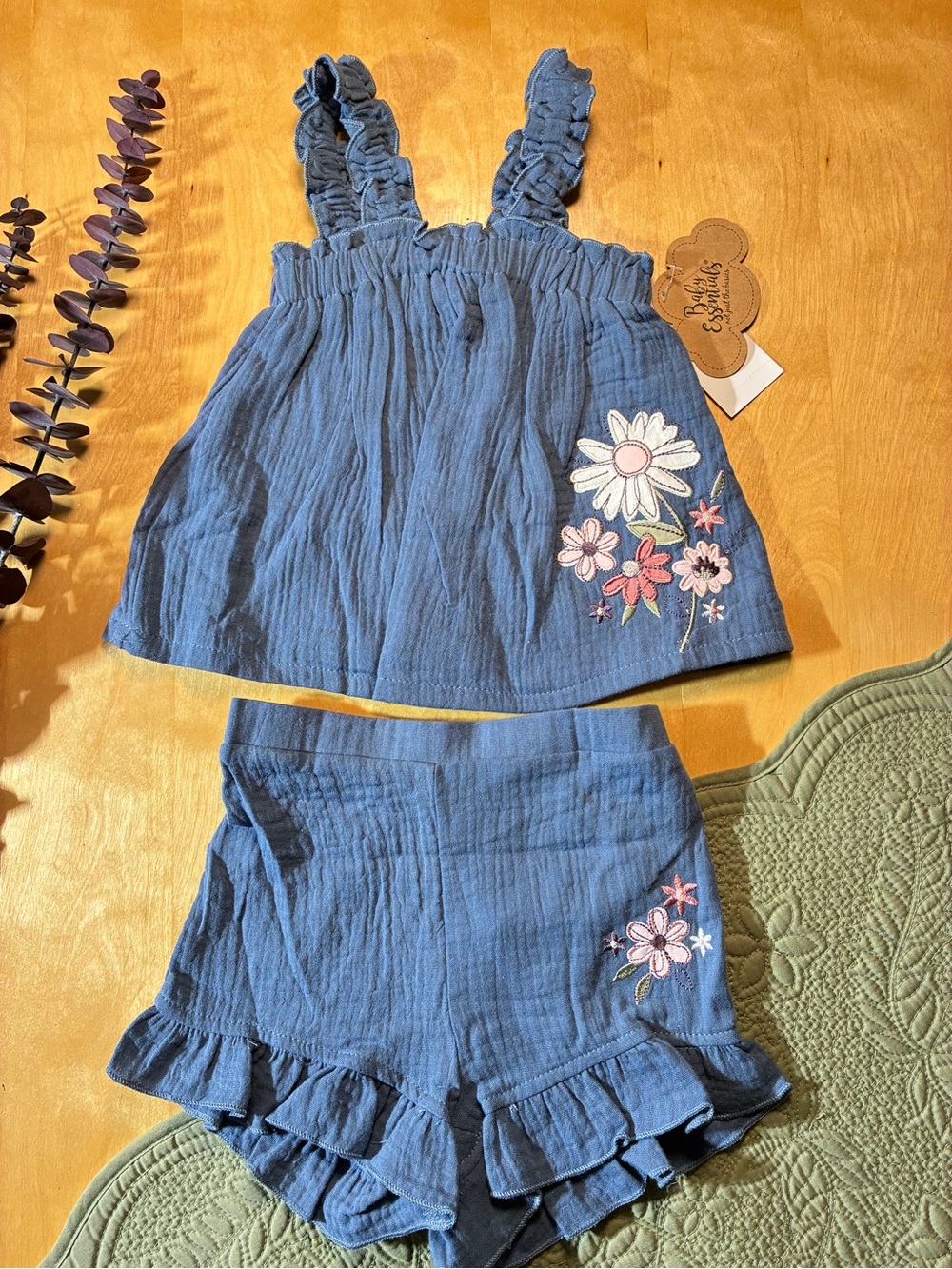 Baby Essentials Blue Ruffle Tank and Shorts Set with Floral Embroidery